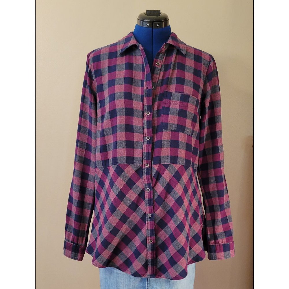 Feminine Flannel Tunic Shirt, Long Sleeve, raspberry, black, grey checks